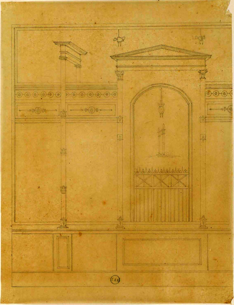 Pompeii. 19th century drawing of part of a wall, by Jean-Baptiste Ciceron Lesueur.
See Lesueur, Jean-Baptiste Ciceron. Voyage en Italie de Jean-Baptiste Ciceron Lesueur (1794-1883), pl. 90.
See Book on INHA reference INHA NUM PC 15469 (04)  « Licence Ouverte / Open Licence » Etalab
