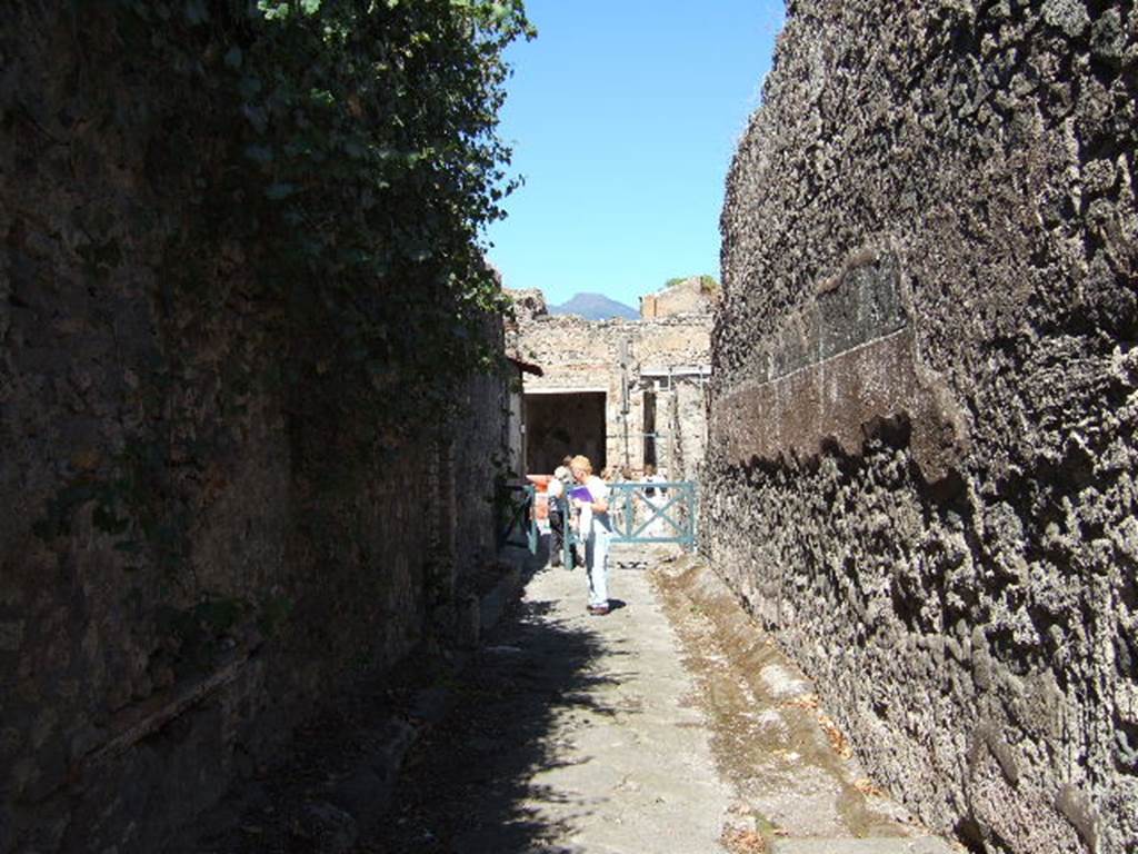 Vicolo dei 12 Dei between VIII.3 and VIII.5. Looking north from junction with Vicolo delle Pareti Rosse. September 2005.