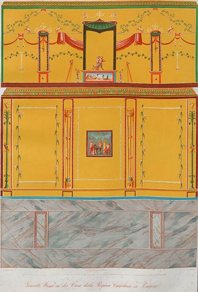 VIII.3.14 Pompeii. West wall of cubiculum with painting of Apollo, Chiron and Asclepius.
See Zahn, W., 1852. Die schönsten Ornamente und merkwürdigsten Gemälde aus Pompeji, Herkulanum und Stabiae: III. Berlin: Reimer, taf. 47.

