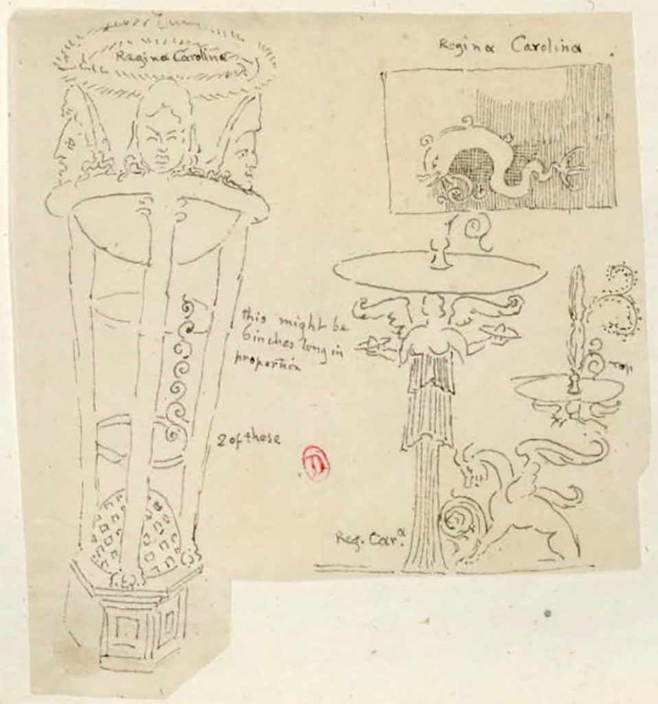 VIII.3.14 Pompeii. Between 1819 and 1832, sketches by W. Gell of painted decoration.
On the left is the detail from the candelabra on west wall of cubiculum.
See Gell, W. Pompeii unpublished [Dessins de l'édition de 1832 donnant le résultat des fouilles post 1819 (?)] vol II, pl. 35.
Bibliothèque de l'Institut National d'Histoire de l'Art, collections Jacques Doucet, Identifiant numérique Num MS180 (2).
See book in INHA Use Etalab Licence Ouverte
