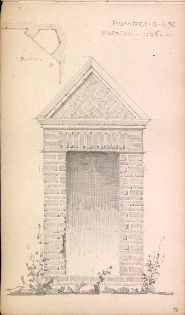 VIII.3.14 Pompeii. Sketch dated 5.4.1895 by Johannes Magdahl Nielsen (1862-1941) of aedicula niche in garden.
See Johannes Magdahl Nielsen (1862-1941), Rejseskitser, Tyskland, Italien, skitsebog fra 1891 og 1895, pl. 40.
Photo © Danmarks Kunstbibliotek, inventory number 53802. Download sketchbook
