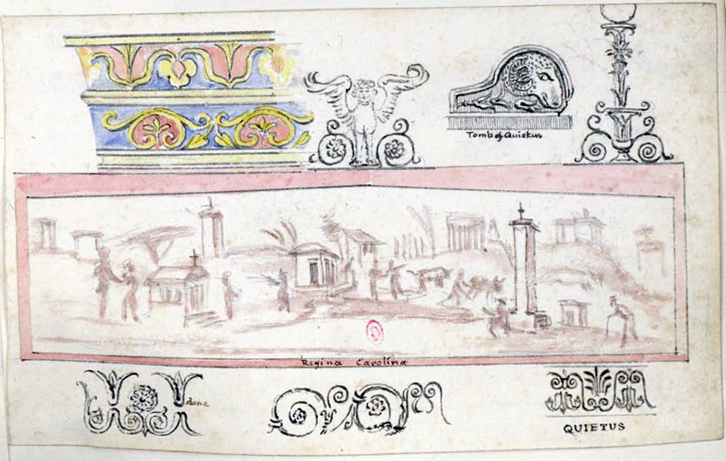 VIII.3.14 Pompeii. Between 1819 and 1832, sketches by W. Gell of painted decoration.
Also including some from Tomb of Quietus, HGW20 near the Herculaneum Gate.
See Gell, W. Pompeii unpublished [Dessins de l'édition de 1832 donnant le résultat des fouilles post 1819 (?)] vol II, pl. 32.
Bibliothèque de l'Institut National d'Histoire de l'Art, collections Jacques Doucet, Identifiant numérique Num MS180 (2).
See book in INHA Use Etalab Licence Ouverte
