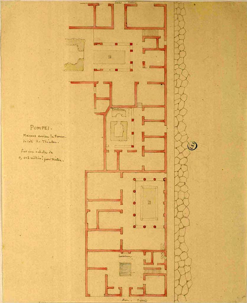 VIII.3.16 Pompeii. Entrance doorway in the lower centre, on the right. 
See Lesueur, Jean-Baptiste Ciceron. Voyage en Italie de Jean-Baptiste Ciceron Lesueur (1794-1883), pl. 7.
See Book on INHA reference INHA NUM PC 15469 (04)   Licence Ouverte / Open Licence  Etalab
