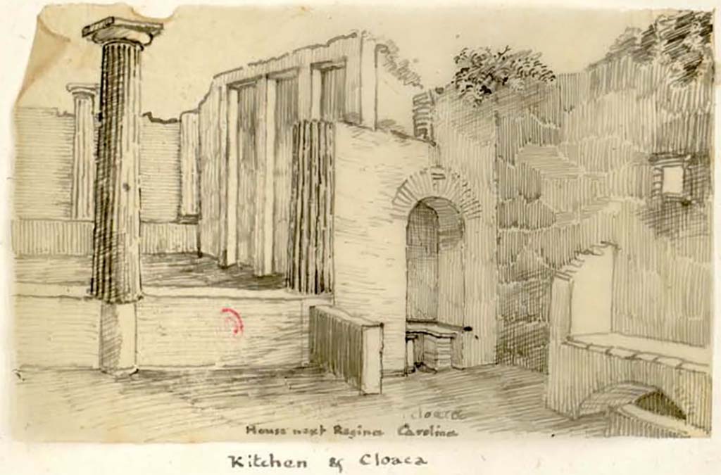 VIII.3.16 Pompeii. Pre.1832. Kitchen with hearth in south-west corner of peristyle, with niche latrine on left of hearth.
At the rear of the latrine, is the south wall of the peristyle.
See Gell, W. Pompeii unpublished [Dessins de l'dition de 1832 donnant le rsultat des fouilles post 1819 (?)] vol II, pl. 35.
Bibliothque de l'Institut National d'Histoire de l'Art, collections Jacques Doucet, Identifiant numrique Num MS180 (2).
See book in INHA Use Etalab Licence Ouverte

