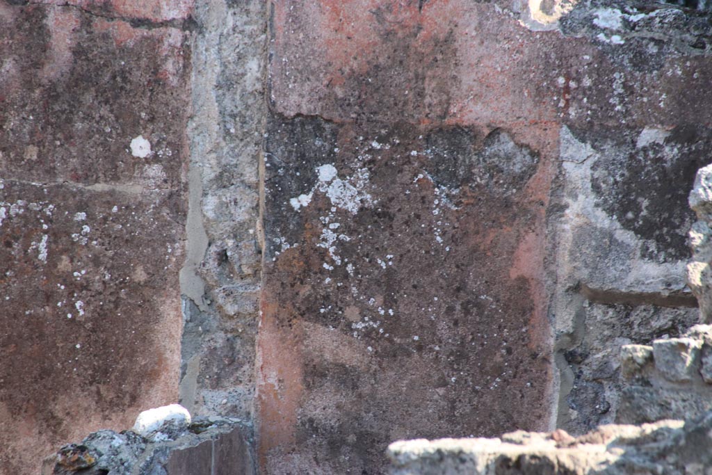 VIII.3.24 Pompeii. October 2022. Detail from east wall of a cubiculum. Photo courtesy of Klaus Heese. 
According to PPM –
“The zoccolo would have been red, the middle zone was structured with two yellow panels separated by a red central compartment; 
in the red upper zone light architectural lines were seen.”
See Carratelli, G. P., 1990-2003. Pompei: Pitture e Mosaici. VIII (8). Roma: Istituto della enciclopedia italiana, p. 435, no.30.

