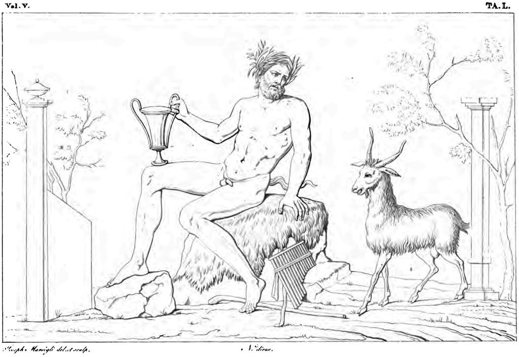 VIII.3.31 Pompeii? Pre-1829. 
Drawing of Faun with goat which may have been seen in one of the rooms on the east side of the peristyle.

According to CTP –
The name of this house must have originated from a painting of Pan found there, see N. Corcia, Storia Delle Due Sicilie Dall'Antichità Più Remota Al 1789, Vol. II, Napoli, 1845, p.381.
See Van der Poel, H. B., 1983. Corpus Topographicum Pompeianum, Part II. Austin: University of Texas, (p.302, footnote 5).

According to RMB –
The man who, …………………………, sees at the corner of this Forum, opposite to that where the Basilica is, a road wide enough, in which a few feet away from the portico was a fountain. Behind this fountain opens a small door that leads into a house neither large nor much adorned. At the rear of the peristyle of this house you can see painted, in a small room, the faun in this published drawing (tav. L), whose composition was rather graceful …………
See Real museo Borbonico, Vol. V (5), 1829, Tav. L (50).

According to Eschebach, this may have been found and seen in this house, but now no longer available.
See Eschebach, L., 1993. Gebäudeverzeichnis und Stadtplan der antiken Stadt Pompeji. Köln: Böhlau, (p.368).
(Note: from the description in RMB – “a small door leading into a house neither large nor much adorned. 
At the rear of the peristyle of this house you can see painted, in a small room, the faun in this published drawing (tav. L), …………………”. 
The small door could also have described the doorway of VIII.2.12, (on the opposite side of Via delle Scuole from VIII.3.31), leading into the peristyle of VIII.2.13, with small rooms on its south side.
However, we will bow to the knowledge of CTP, and Eschebach, and leave the drawing here.)
