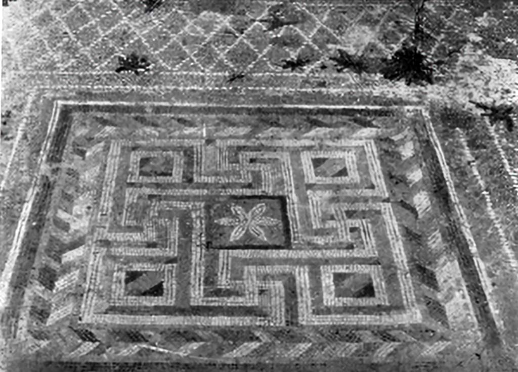 VIII.4.4 Pompeii. c.1930. Room 6, triclinium showing the central emblema of polychrome mosaic. 
See Blake, M., (1930). The pavements of the Roman Buildings of the Republic and Early Empire. Rome, MAAR, 8, (p. 72, 74, & Pl.46, tav.6).
