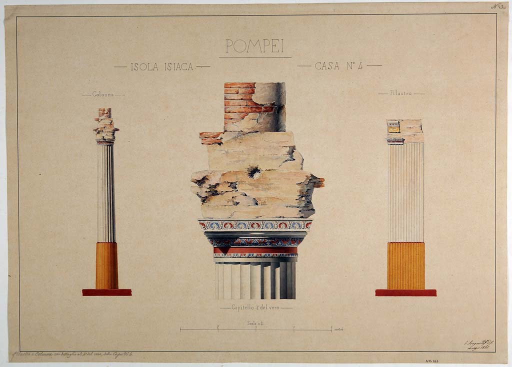 VIII.4.4 Pompeii. Painting by Carlo Sorgente, March 1861, of detail of decorated column and pilaster in peristyle.
Now in Naples Archaeological Museum. Inventory number ADS 863.
Photo © ICCD. http://www.catalogo.beniculturali.it
Utilizzabili alle condizioni della licenza Attribuzione - Non commerciale - Condividi allo stesso modo 2.5 Italia (CC BY-NC-SA 2.5 IT)
