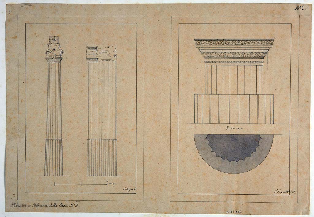 VIII.4.4 Pompeii. Drawing by Carlo Sorgente, 1861, of detail of decorated column and pilaster in peristyle.
Now in Naples Archaeological Museum. Inventory number ADS 864.
Photo © ICCD. http://www.catalogo.beniculturali.it
Utilizzabili alle condizioni della licenza Attribuzione - Non commerciale - Condividi allo stesso modo 2.5 Italia (CC BY-NC-SA 2.5 IT)
