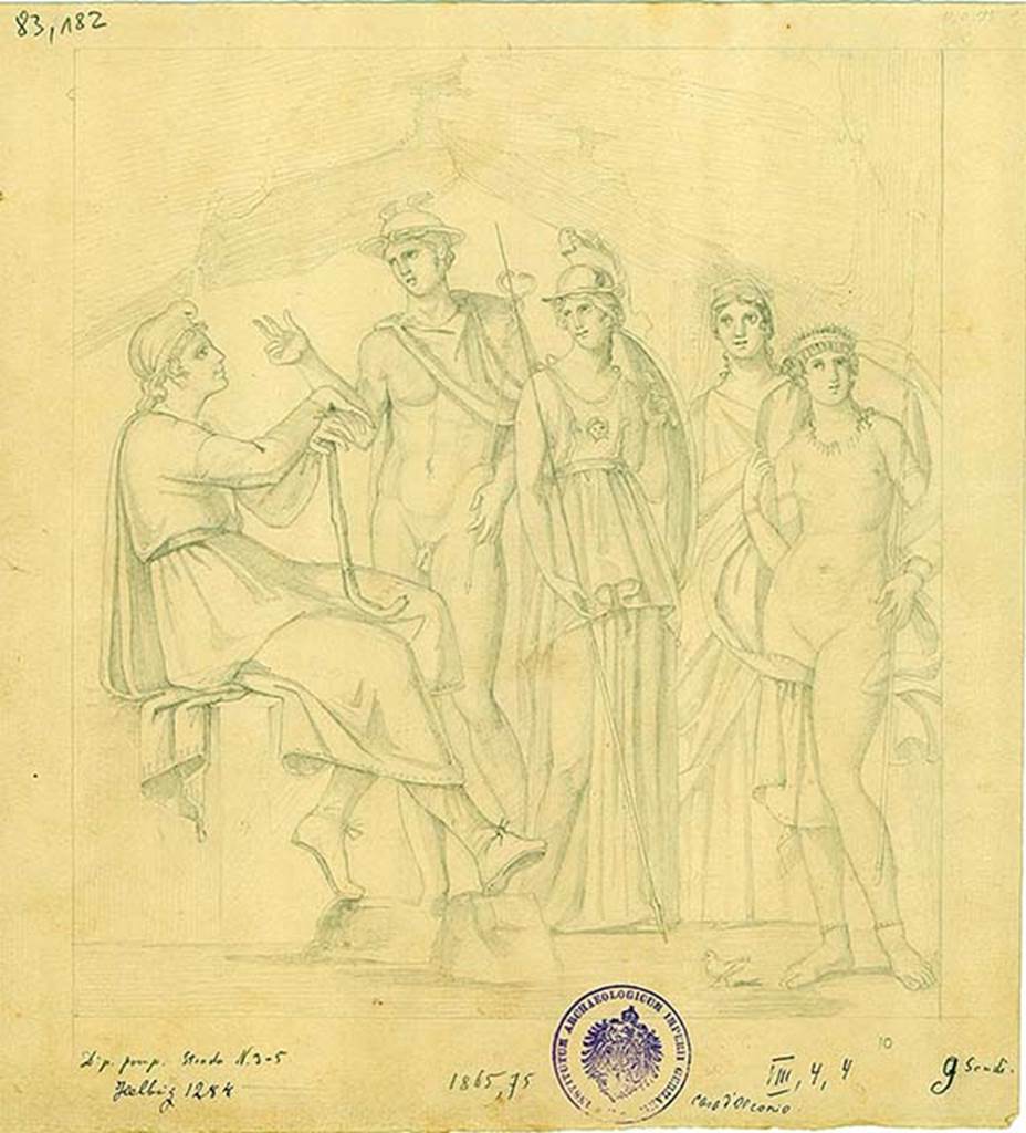 VIII.4.4 Pompeii. 1865. Room 10, centre of the south wall.
Drawing of the painting of The Judgement of Paris.
Paris is seated, with Hermes, Athena, Hera and Venus standing..
DAIR 83.182. Photo © Deutsches Archäologisches Institut, Abteilung Rom, Arkiv. 
See http://arachne.uni-koeln.de/item/marbilder/5022354
See Helbig, W., 1868. Wandgemälde der vom Vesuv verschütteten Städte Campaniens. Leipzig: Breitkopf und Härtel, 1284.
