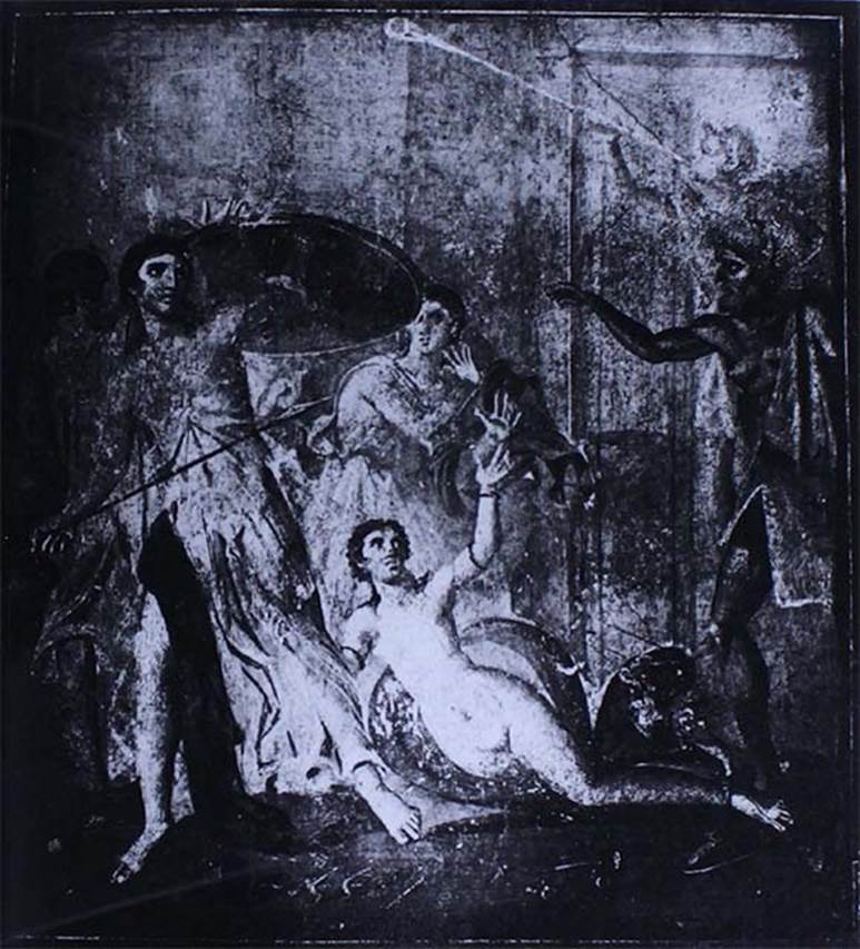 VIII.4.4 Pompeii. Old photograph c.1870. Room 10, centre of the east wall.
The painting of Achilles being found by Odysseus among King Lycomedes’ daughters on Skyros. 
See Helbig, W., 1868. Wandgemälde der vom Vesuv verschütteten Städte Campaniens. Leipzig: Breitkopf und Härtel. (H1296).
