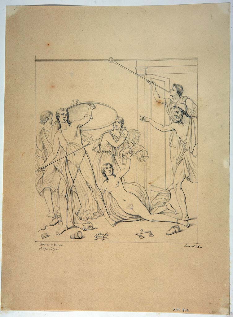 VIII.4.4 Pompeii. Drawing by Nicola La Volpe of painting seen on east wall of triclinium, room 10. 
The painting is no longer recognisable having faded away.
Now in Naples Archaeological Museum. Inventory number ADS 854.
Photo © ICCD. http://www.catalogo.beniculturali.it
Utilizzabili alle condizioni della licenza Attribuzione - Non commerciale - Condividi allo stesso modo 2.5 Italia (CC BY-NC-SA 2.5 IT)
