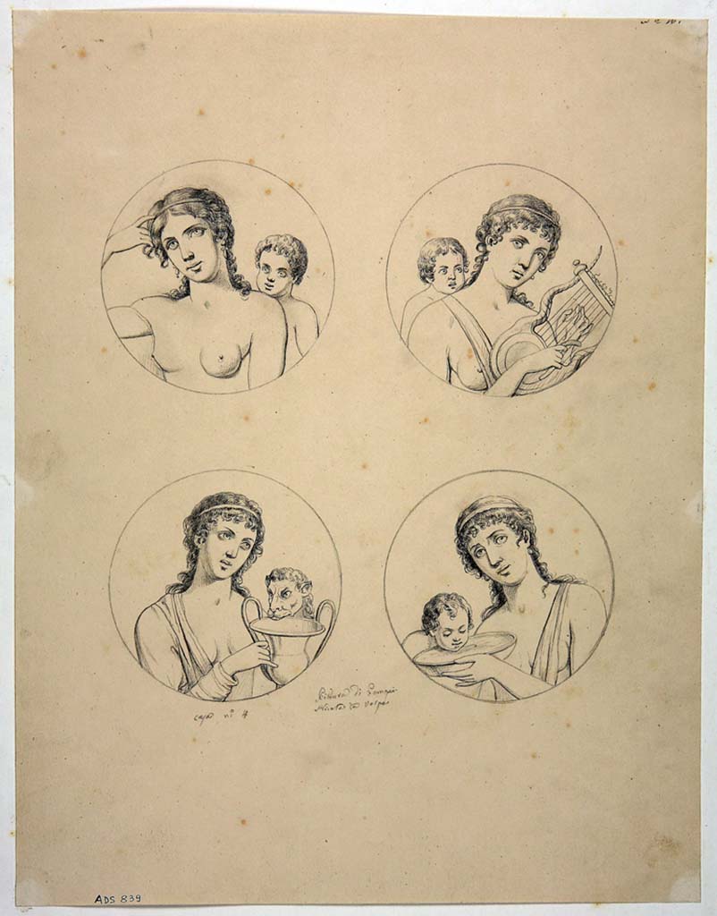 VIII.4.4 Pompeii. Drawings by Nicola La Volpe, of medallions with young girls and Maenads, from walls of room 10.
None of these are recognisable on the walls today.   
Top left, woman with cupid behind her shoulder, Helbig 1427.
Top right, woman playing the lyre also with cupid behind her shoulder, Helbig 1440.
Lower left, Maenad with kantharos and a panther drinking, Helbig 1413.
Lower right, Maenad with young child drinking from low cup, Helbig 1413.
Now in Naples Archaeological Museum. Inventory number ADS 839.
Photo © ICCD. http://www.catalogo.beniculturali.it
Utilizzabili alle condizioni della licenza Attribuzione - Non commerciale - Condividi allo stesso modo 2.5 Italia (CC BY-NC-SA 2.5 IT)
