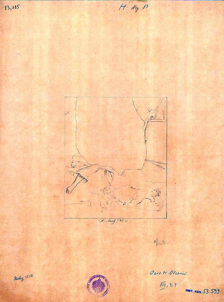 VIII.4.4 Pompeii. Room 11, south wall of exedra.  
19th century drawing by A. Aureli of the painting of Narcissus looking at himself in the water.
DAIR 83.185. Photo © Deutsches Archäologisches Institut, Abteilung Rom, Arkiv. 
See Helbig, W., 1868. Wandgemälde der vom Vesuv verschütteten Städte Campaniens. Leipzig: Breitkopf und Härtel, 1356.
