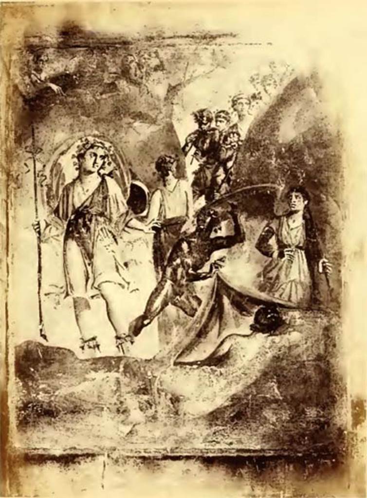 VIII.4.4 Pompeii. 1867. Room 11, west wall of exedra.  
According to Dyer this is a painting of Bacchus finding the sleeping Ariadne on Naxos.
Bacchus, crowned with ivy, approaches the sleeping Ariadne.
A faun is lifting up the veil that covered her. 
Sleep is on the right, wings spread as if about to leave.
At the head of the Bacchic troupe is Silenus, walking with the aid of a stick.
He is followed by a faun playing a double flute.
Behind are eight bacchantes.
Another bacchante and a faun look down from the mountain above left.
See Dyer, T., 1867. The Ruins of Pompeii. London: Bell and Daldy, (p. 80-81).
Kuivalainen comments –
“A customary theme of discovering Ariadne in a rocky landscape, but the details are original, such as the challenging-looking Hypnus, more interested in Bacchus velificans than tending her, the well-built satyr, and the large entourage just arriving at the scene.”
See Kuivalainen, I., 2021. The Portrayal of Pompeian Bacchus. Commentationes Humanarum Litterarum 140. Helsinki: Finnish Society of Sciences and Letters, (p.151, E13).
