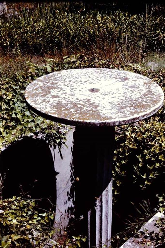 VIII.4.4 Pompeii. 1966. Round marble table with column for a base, used as a fountain. 
Photo by Stanley A. Jashemski.
Source: The Wilhelmina and Stanley A. Jashemski archive in the University of Maryland Library, Special Collections (See collection page) and made available under the Creative Commons Attribution-Non Commercial License v.4. See Licence and use details.
J66f0578
