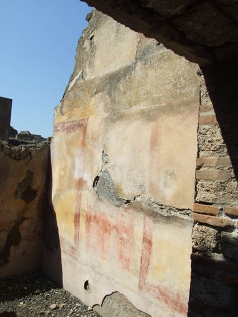 VIII.4.4 Pompeii. March 2009. Room 17, north wall. According to PPM, in the black zoccolo were alternating panels with plants, now completely faded. The middle zone of the wall had a red panel at its centre edged by a border, the side panels were yellow and edged by a “carpet” design of garlands (dei tappeti tesi delimitata da ghirlande). At the centre of the panels were vignettes. The frieze of the wall, with a white background, contained young figures carried in plant branches populated by cupids and animals. The upper zone of the wall was white.
