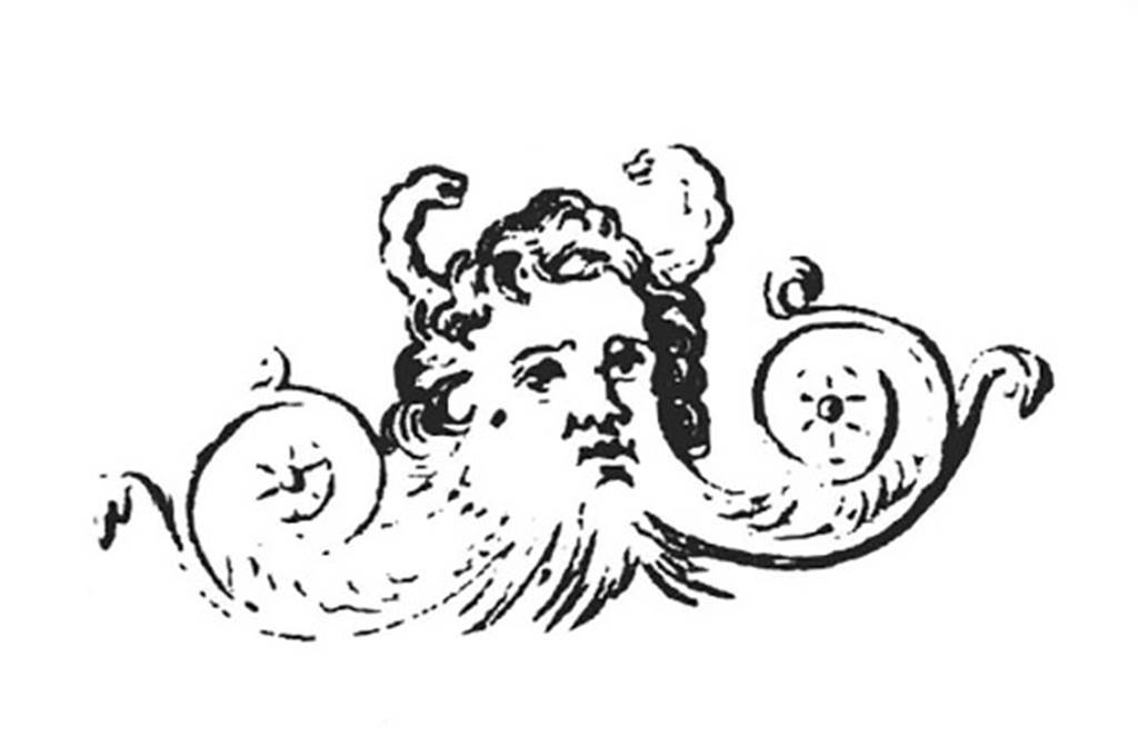 VIII.4.4 Pompeii. 1861 drawing of mask of Oceanus painted in monochrome yellow on a black background. Atrium 1, north wall, east side. See Giornale di Scavi 1861, Tav. III no. 6.
See Helbig, W., 1868. Wandgemälde der vom Vesuv verschütteten Städte Campaniens. Leipzig: Breitkopf und Härtel, 1023. See Pompei: Pitture e Mosaici, Vol. VIII parte 1, Roma: Istituto della enciclopedia italiana, p. 460-1.
