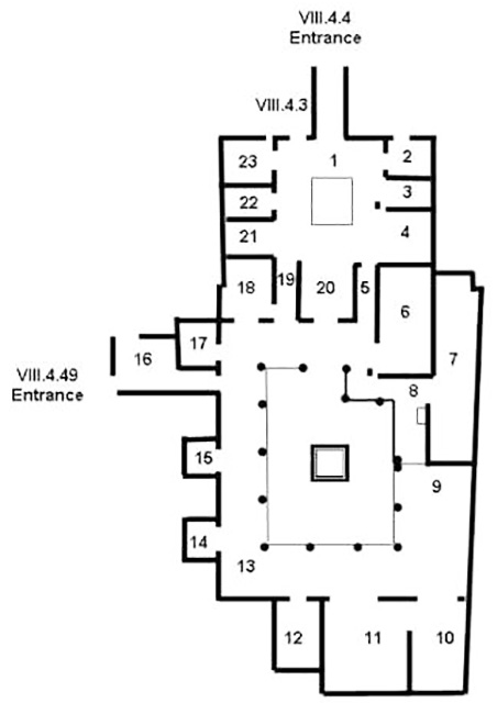 VIII.4.4 Pompeii. Domus M. Holconi Rufi or House of Holconius Rufus.
Room Plan 