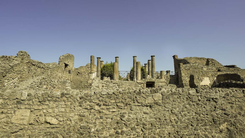 VIII.4.15 Pompeii. August 2021. 
Looking north towards peristyle, from Via del Tempio d’Iside, with the area of VII.4.27/29 behind the wall. Photo courtesy of Robert Hanson.
