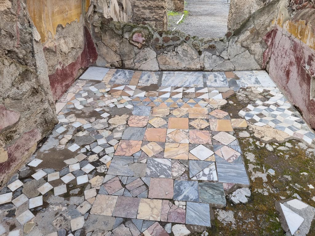 VIII.4.15 Pompeii. December 2023. Room 18, detail of flooring, looking north. Photo courtesy of Miriam Colomer.

