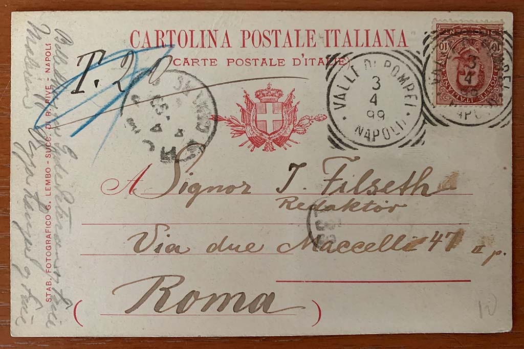 Front of 1899 postcard. It is addressed to J. Filseth, Redaktor, in Rome.
This could be Johan Filseth (born 25 September 1862 in Romedal, Norway, died 5 September 1927 in Denmark). 
Filseth was the founder, in 1894, and long-time editor of the newspaper Gudbrandsdlen in Lillehammer.
He was connected to Denmark through his wife, a Danish woman, Laura Anna Emilie Krabbe (1879-1969) who he married in 1900.
Photo courtesy of Rick Bauer.

