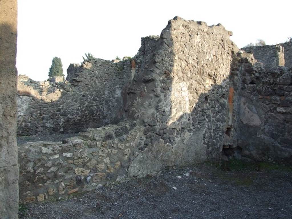 VIII.5.3 Pompeii. December 2007. East wall. According to Eschebach, at the rear on the left, were the stairs to the upper floor, next to a doorway into the atrium of VIII.5.2.
See Eschebach, L., 1993. Gebudeverzeichnis und Stadtplan der antiken Stadt Pompeji. Kln: Bhlau. (p.379)
