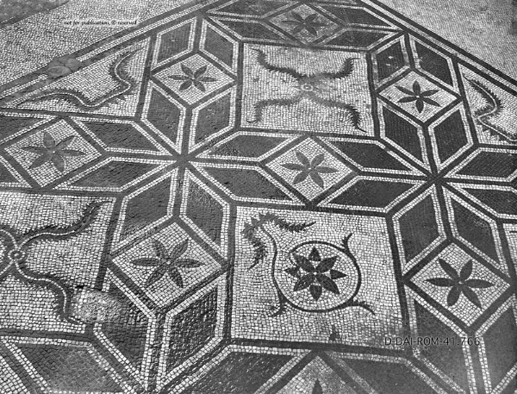 VIII.5.15 Pompeii. c.1930. Room 9, black and white mosaic in cubiculum.
DAIR 41.766. Photo © Deutsches Archäologisches Institut, Abteilung Rom, Arkiv.
See Pernice, E.  1938. Pavimente und Figürliche Mosaiken: Die Hellenistische Kunst in Pompeji, Band VI. Berlin: de Gruyter, 
see tav. 47.6, above.)
