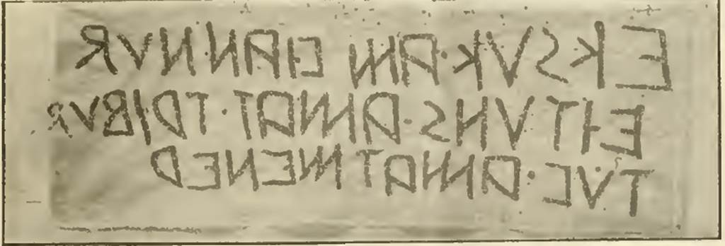 VIII.5.19 Pompeii, 1897. Drawing of  Eituns on east pilaster between VIII.5.19 and VIII.5.20. See Notizie degli Scavi di Antichit, 1897, p. 465, fig. 4. According to Vetter, this Eituns (Vetter 27) translates in Latin as (Ex) hoc vico evocati (hac) ad domum publicam, (illa) ad (aedem) Miner(vae). See Vetter E., 1953. Handbuch der Italischen Dialekte. Heidelberg: Winter. (p. 56).