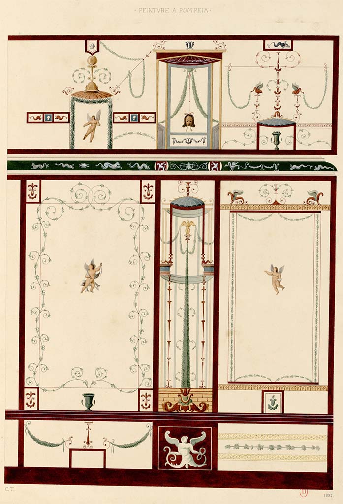 VIII.5.28 Pompeii. Room 7, 1832 painting by J.B. Plantar, of east end of north wall?
See Plantar, Jean-Baptiste (1790-1879) Album de dessins d'architecture et d'art décoratif, p. 13.
INHA Identifiant numérique : NUM MS 675. See Book on INHA 
Document placé sous « Licence Ouverte / Open Licence » Etalab   
