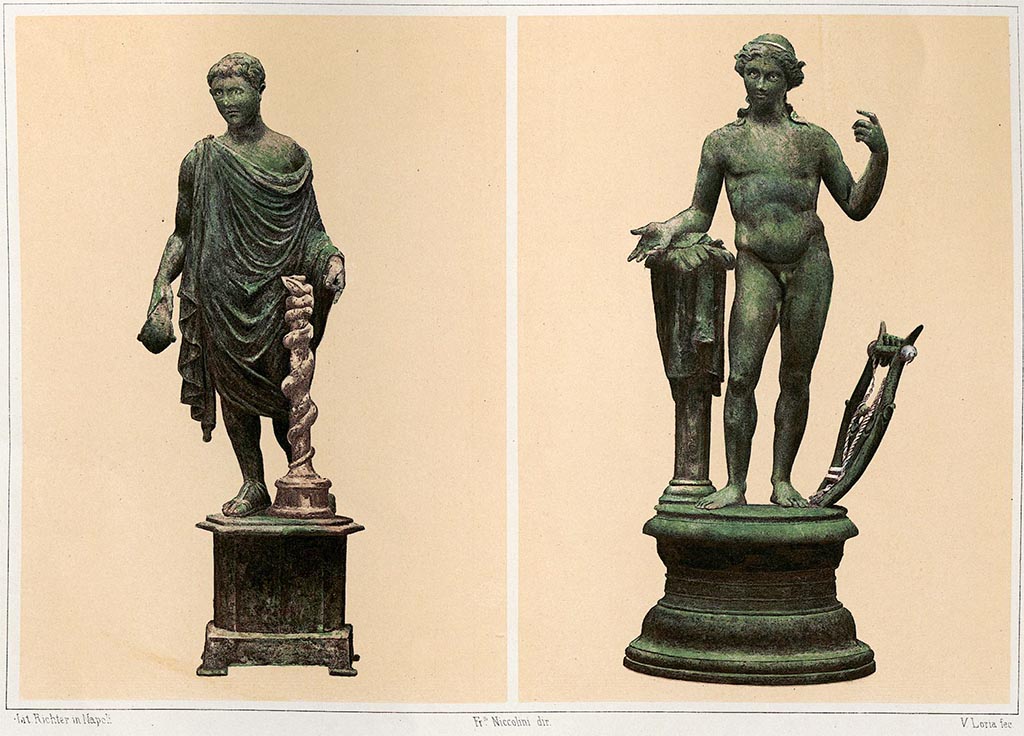 VIII.5.37 Pompeii. Bronze statuettes of Apollo and Mercurio from the lararium in the atrium. 
According to Niccolini – Mercury was later transformed into Aesculapius with the addition of a stick, which envelops the serpent.
See Niccolini F, 1896. Le case ed i monumenti di Pompei: Volume Quarto. Napoli, Supplemento Tav. VII.
