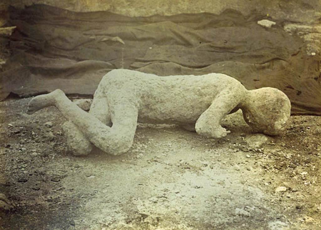VIII.5.39 Pompeii. Plaster-cast of an impression of a boy found on 24th January 1882, around 12 feet (4 metres) above the ancient ground level. Photo by Giorgio Sommer. Also found nearby was a skeleton of a woman, but only her arm was successfully cast.  On her arm were two gold bracelets, and on her hand were two gold rings.  It is conjectured that she was his mother, and that he was infirm and being helped from an upper window when the surge hit Pompeii.  See Dwyer, E., 2010. Pompeii’s Living Statues. University of Michigan Press. (pp. 98 to 103). See Notizie degli Scavi, 1882, p.280: See BdI. 1884, pp126 sgg.
