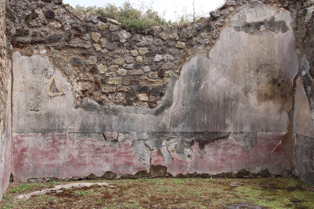 VIII.6.10 Pompeii. May 2024. Room “i”, painted decoration on east wall. Photo courtesy of Klaus Heese.

