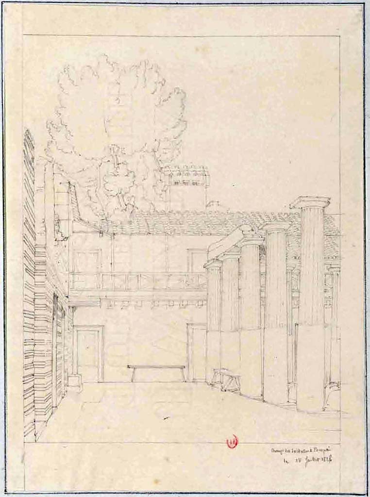 VIII.7.16 Pompeii. July 1826. Sketch by P.A. Poirot, looking south towards south-east corner
See Poirot, P. A., 1826. Carnets de dessins de Pierre-Achille Poirot. Tome 2 : Pompeia, pl. 45.
See Book on INHA  Document placé sous « Licence Ouverte / Open Licence » Etalab 
