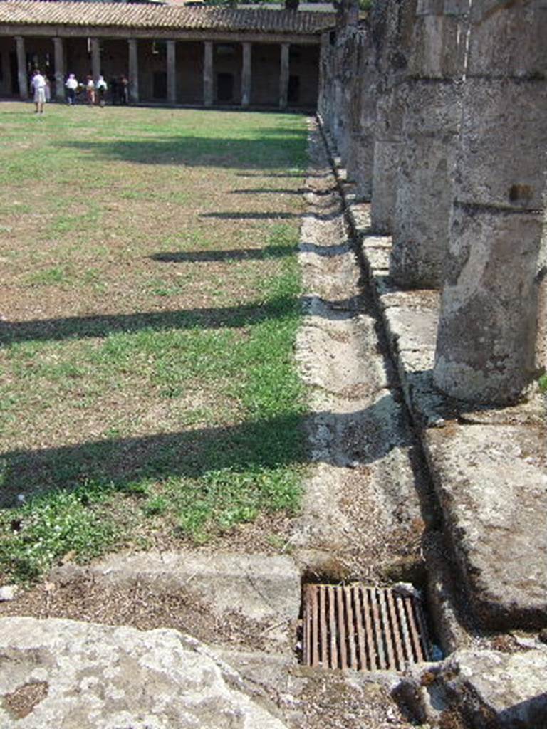 VIII.7.16 Pompeii.  September 2005. North West corner.  Looking south along drainage channel at edge of colonnade.
