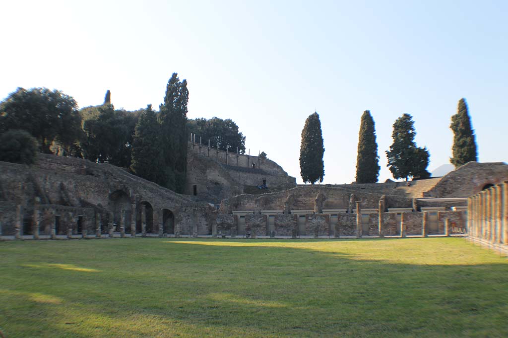 VIII.7.16 Pompeii. March 2014. 
Looking towards north side to staircase to the Triangular Forum and the walls of the upper storey of the Large Theatre.
Foto Annette Haug, ERC Grant 681269 DÉCOR.

