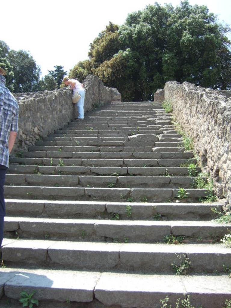 VIII.7.16 Pompeii.  September 2005.  The large staircase to Triangular Forum over the room in the NW corner in the Gladiators Barracks.
