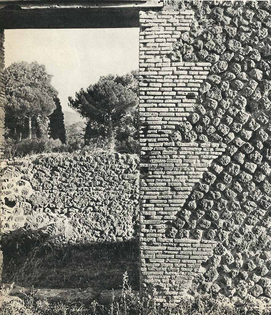 VIII.7.17 Pompeii. Old undated photograph. 
Detail of construction of edge of doorway, looking south through doorway in corridor towards wall in VIII.7.16.
