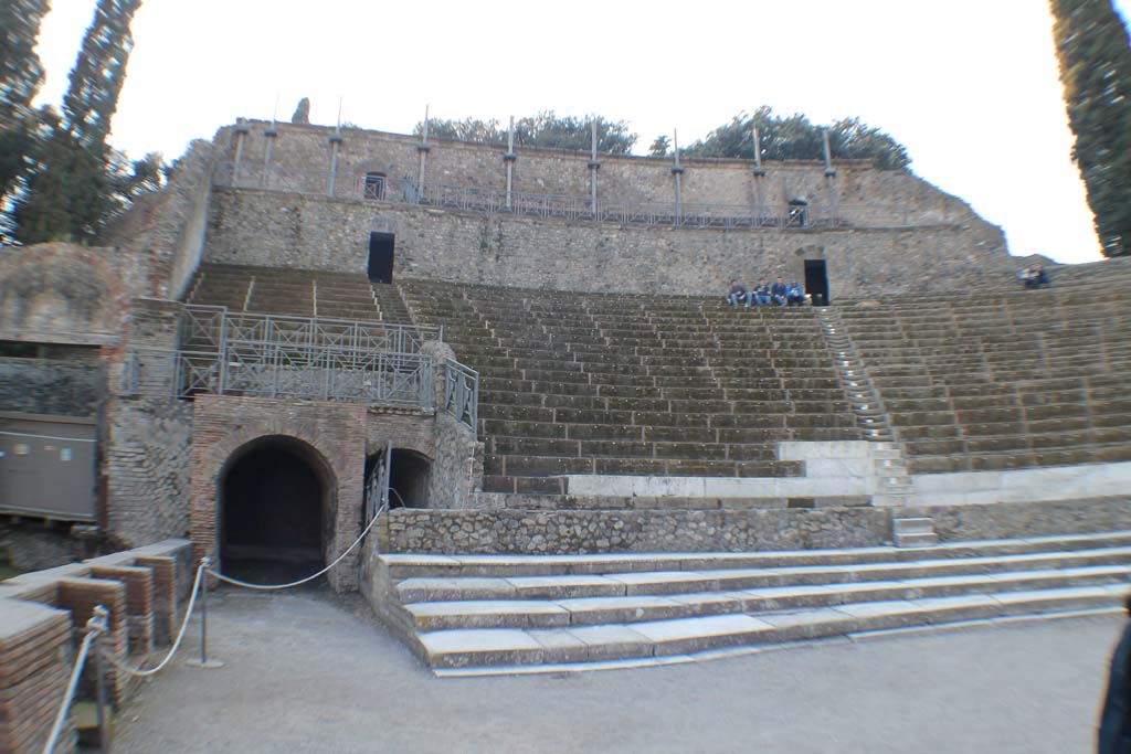 VIII.7.20 Pompeii. March 2014. 
Looking west across Orchestra towards arched entrance/exit, on left, together with small arch under the Tribunal.
Foto Annette Haug, ERC Grant 681269 DÉCOR.
