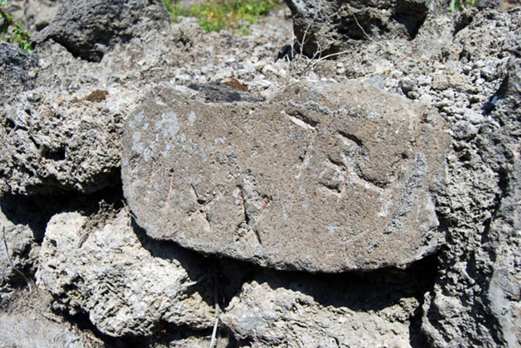 VIII.7.22 Pompeii. June 2009. Stone embedded in north wall. Photo courtesy of Sera Baker.