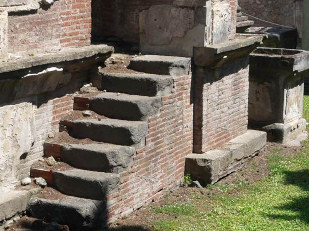 VIII.7.28, Pompeii. May 2011. Narrow steps on south side leading to a side doorway opening into the cella. Photo courtesy of Buzz Ferebee.
