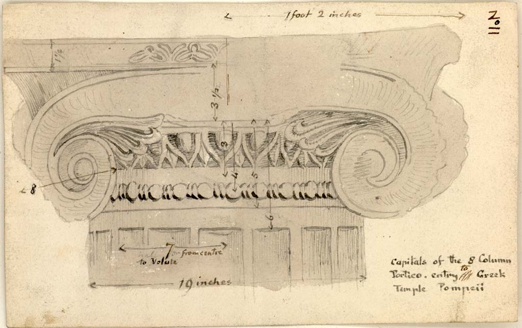 VIII.7.30 Pompeii. c.1819 sketch by W. Gell showing detail of capital above entry.
See Gell W & Gandy, J.P: Pompeii published 1819 [Dessins publiés dans l'ouvrage de Sir William Gell et John P. Gandy, Pompeiana: the topography, edifices and ornaments of Pompei, 1817-1819], pl. 36 no 11.
See book in Bibliothèque de l'Institut National d'Histoire de l'Art [France], collections Jacques Doucet Gell Dessins 1817-1819
Use Etalab Open Licence ou Etalab Licence Ouverte
