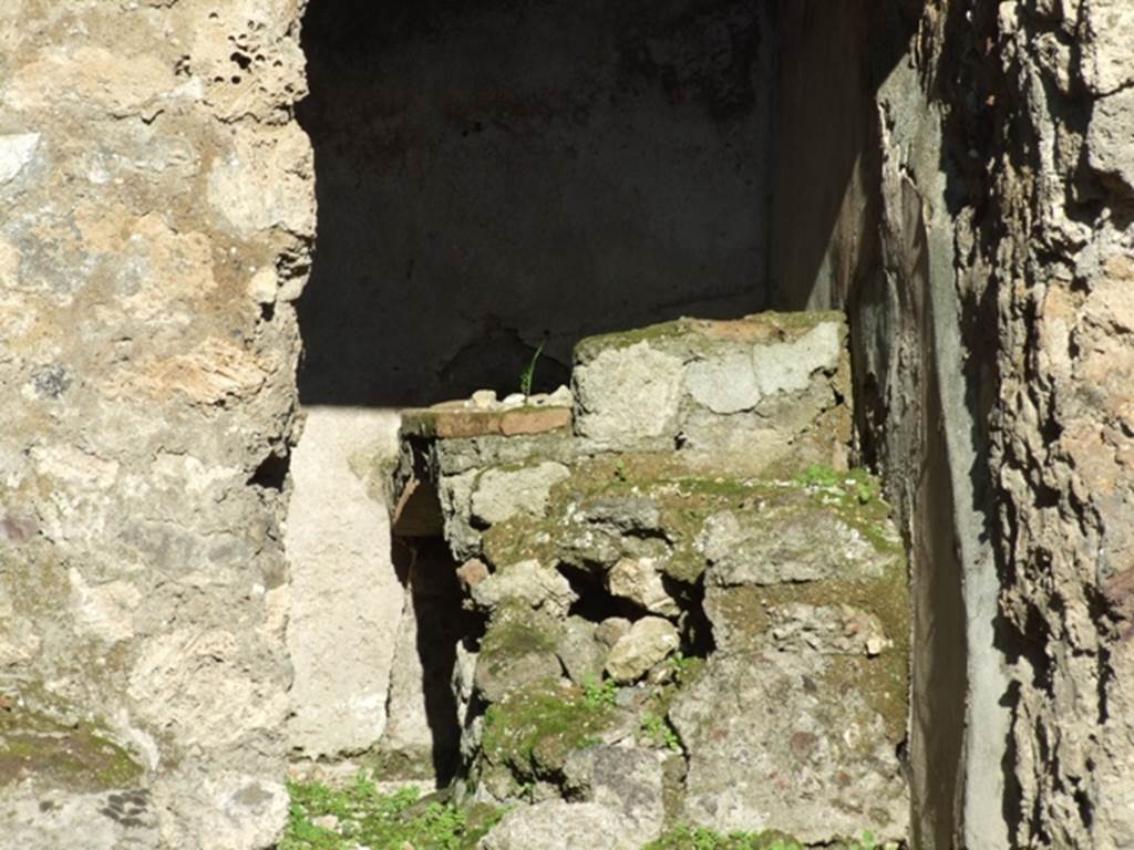 IX.1.4 Pompeii. March 2009. Hearth against south wall in rear room.
According to Boyce, somewhere in this shop on an east wall was a panel of special stucco. In this panel were painted two red serpents confronted at an altar. A tile was embedded in the wall below their heads, to serve as a shelf for offerings. There does not appear to be any signs today of either a tile or painting.
See Boyce G. K., 1937. Corpus of the Lararia of Pompeii. Rome: MAAR 14. (p.79)
According to Eschebach, the serpents were painted on the right pilaster of the shop room.
See Eschebach, L., 1993. Gebudeverzeichnis und Stadtplan der antiken Stadt Pompeji. Kln: Bhlau. (p.398)
