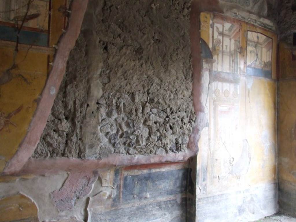 IX.1.7 Pompeii. December 2007. North wall of triclinium with painted plaster and recess, looking towards north-east corner, on right.