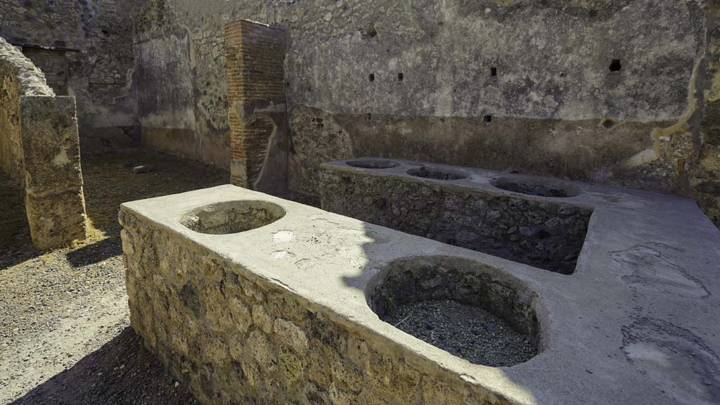 IX.1.8 Pompeii. August 2021. Looking across counter to south side of bar-room, and towards rear room. Photo courtesy of Robert Hanson.