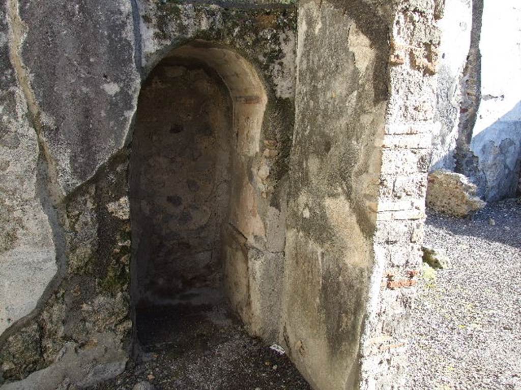 IX.1.18 Pompeii. December 2006. Painted small vaulted niche in south-east corner of cubiculum. According to Gallo, on the south end of the east wall of the cubiculum was a niche still with the vaulted arch in a discreet state of preservation. In the centre of the vault painted on a white background, was a square painting of an uncertain subject. This was in the centre of a garland in the shape of a wreath with leaves. These were then framed by quarters of circles at the corners and half-circles in the centre of the sides and with garlands as shutters, defining the vault, on both sides.
See Gallo, A. (2001): Pompei, Linsula I della Regione IX, Settore Occidentale, Rome, LERMA di BRETSCHNEIDER, (p.56), in Studi della Soprintendenza archeologica di Pompei: 1.
