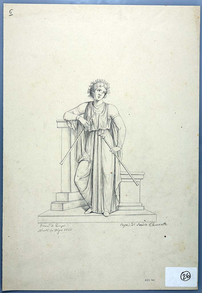 IX.1.20 Pompeii. Drawing by Nicola La Volpe, 1866, of painting of the Muse Euterpe from south wall of triclinium.
See Helbig, W., 1868. Wandgemälde der vom Vesuv verschütteten Städte Campaniens. Leipzig: Breitkopf und Härtel, (863b).
Now in Naples Archaeological Museum. Inventory number ADS 961.
Photo © ICCD. http://www.catalogo.beniculturali.it
Utilizzabili alle condizioni della licenza Attribuzione - Non commerciale - Condividi allo stesso modo 2.5 Italia (CC BY-NC-SA 2.5 IT)
