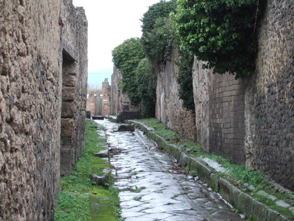 IX.1.28 Pompeii. December 2005. Vicolo di Tesmo looking north.            IX.7, on right.
According to Fiorelli,
On the corner pilaster, amongst other graffiti, was written - AMPLIATVM AED
                                                                                                    V . B . VICINI . ROG
Turning the corner, a stable was found that had a lowered edge in front of the doorway, for easier access by the animals, and had an area, of which only a small part was uncovered, having at the rear two rooms with a latrine, and a large stall to the right.  It was used perhaps and annexed to the house at IX.1.22
Found on an adjacent wall, on a whitewashed piece, was -
L . ALBVCIVM . AED
THESMVS . LIBERT . ROG
See Fiorelli, G. (1875). Descrizione di Pompei, (p.376-7)
See Pappalardo, U., 2001. La Descrizione di Pompei per Giuseppe Fiorelli (1875). Napoli: Massa Editore. (p.140)
