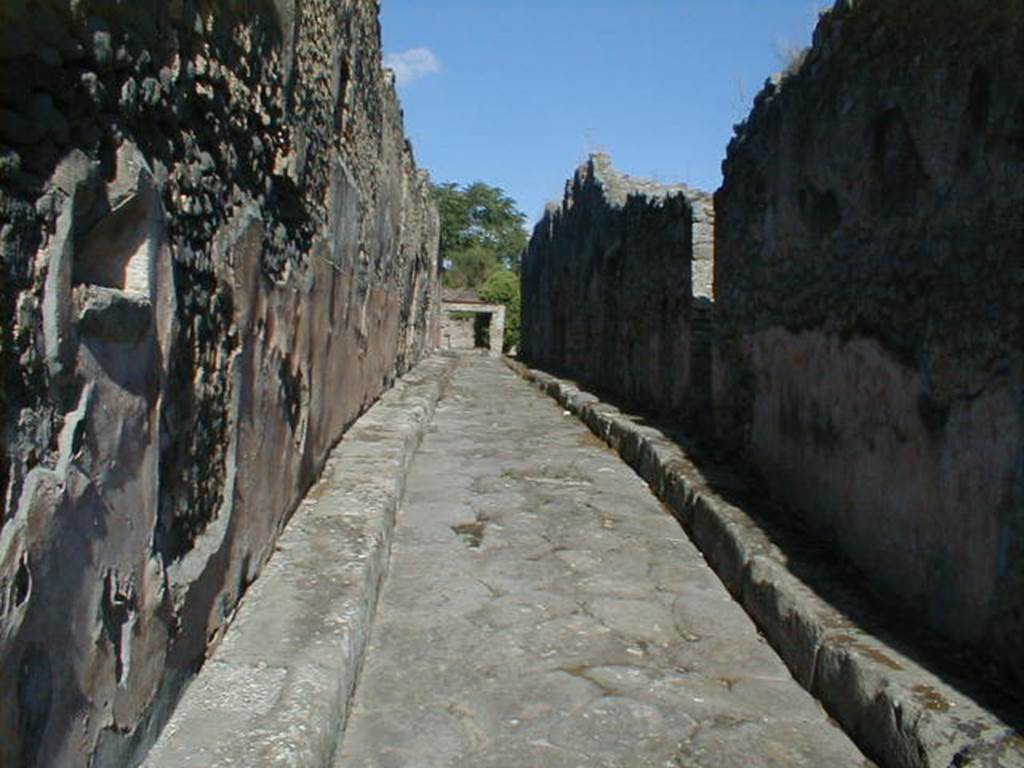 Vicolo di Balbo, Pompeii. September 2004. Looking east from junction with Via Stabiana. 
In November 1852, found in the small vicolo that precedes the shop at number 68 
(68 is IX.1.1 on the corner of Via Stabiana, on the right of this picture)
Painted graffiti in black
Q(uintum)  Marium  Rufum  aed(ilem)  […]  Fructus  cu[pidus (?)    [CIL IV 934]

Painted graffiti in red
Albucium  et  Casellium  aed(iles)    [CIL IV 935]

See Pagano, M. and Prisciandaro, R., 2006. Studio sulle provenienze degli oggetti rinvenuti negli scavi borbonici del regno di Napoli.  Naples : Nicola Longobardi.(p. 167)
