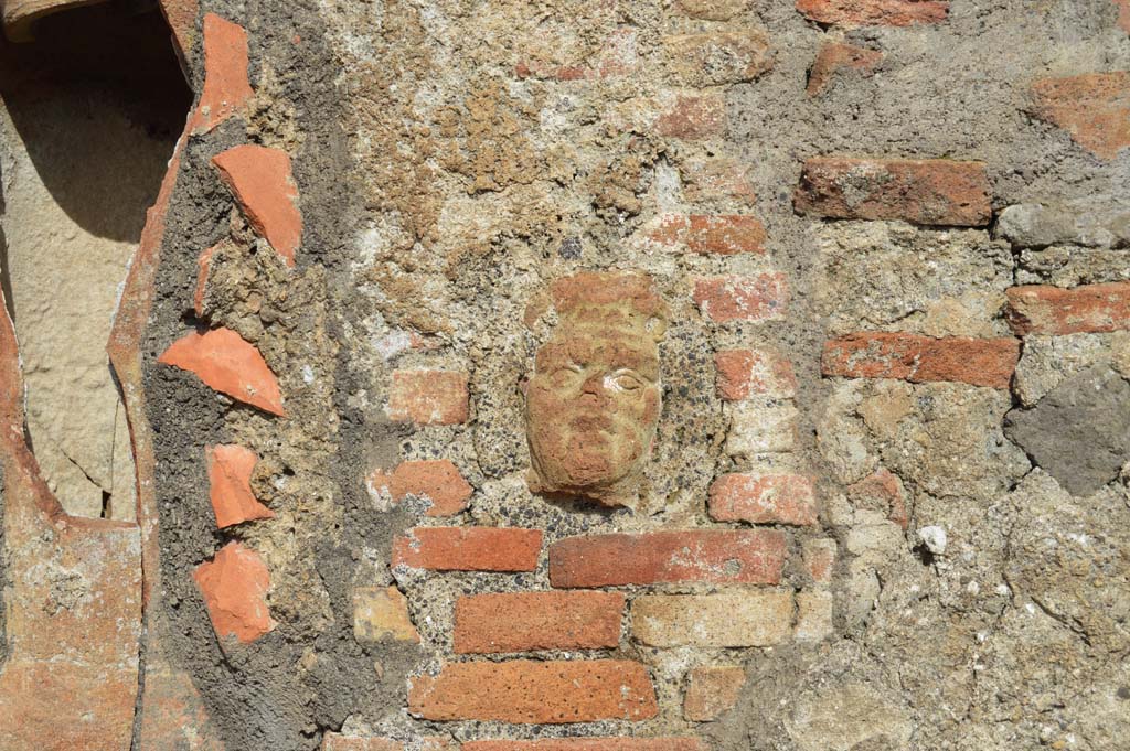 IX.2.2, on left, and IX.2.3, on right. March 2018. 
Detail from central pilaster with downpipe. In the centre of the pilaster is a small terracotta face.
Foto Taylor Lauritsen, ERC Grant 681269 DCOR.
